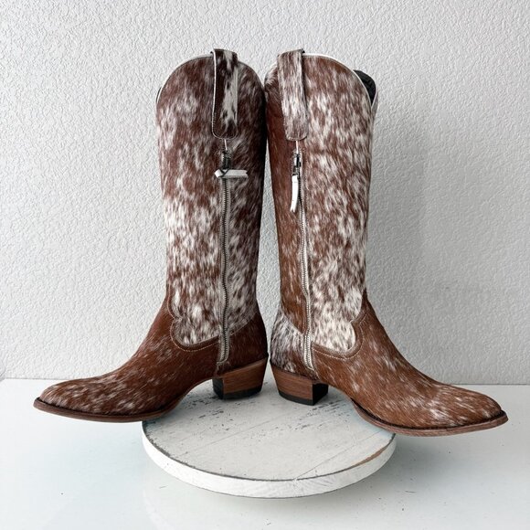 Lane Plain Jane Cowhide Cowboy Boots Tall Brown Western Hair on Hide Womens 11 - Picture 7 of 10